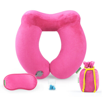 

Inflatable Neck Pillow Travel Airplane Pillow with Ear Plugs Eye Mask&Drawstring Bag