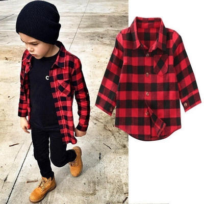 

1-7Y Kids Boys Girls Long Sleeve Shirt Plaids Checks Tops Blouse Casual Clothes
