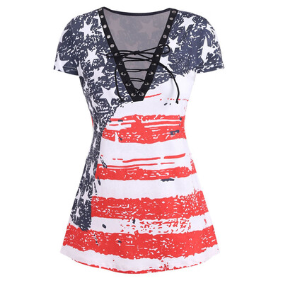 

Nomeni Women Plus Size V-neck Flag Printed Cross Straps Stitching Shirt T-shirt