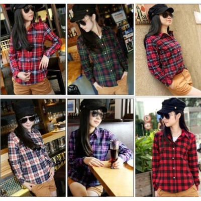 

Plaids &amp Checks Women Button Down Lapel Shirt Flannel Shirts Top Blouse Casual