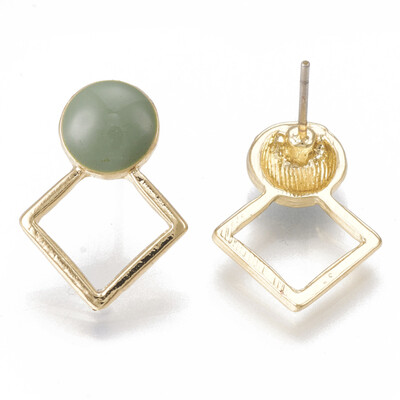 

Alloy Stud Earrings with Enamel Rhombus with Flat Round Light Gold DarkSeaGreen 185x13mm Pin 07mm