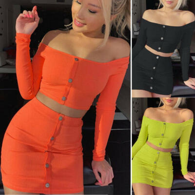 

Women Sexy 2 Piece Bodycon Two Piece Crop Top&Skirt Set Up Dress Party
