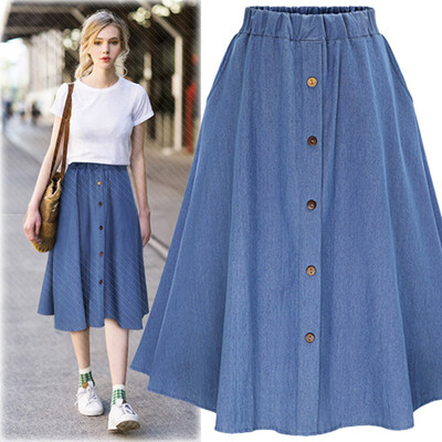 

Womens A-Line High Waist Button Pleated Midi Skirt With Elastic Waist Knee Length
