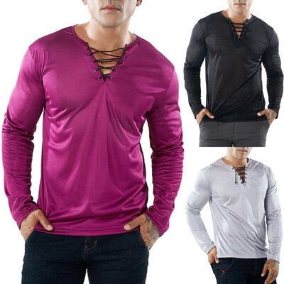 

New Fashion Mens Beach Lace Up Tunic Shirts Long Sleeve V neck Casual Tee Top