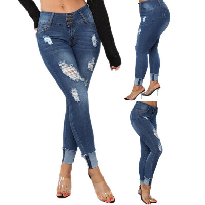 

Tailored Women Elastic Plus Size Denim Pocket Button Casual Boot Cut Pant Jeans