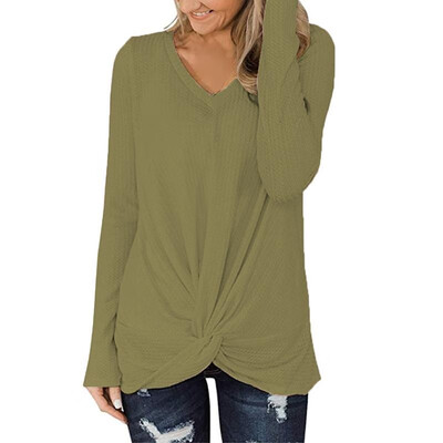 

Fashion Women Sweatshirt Loose T-shirt Waffle V Neck Long Sleeves Twisted Front Solid Spring Autumn Casual Tees Casual Tops