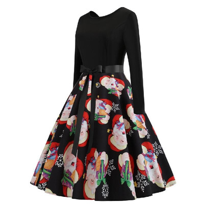 

Cross-border womens clothing manufacturers Christmas retro big swing skirt round neck long-sleeved color old print big swing dres