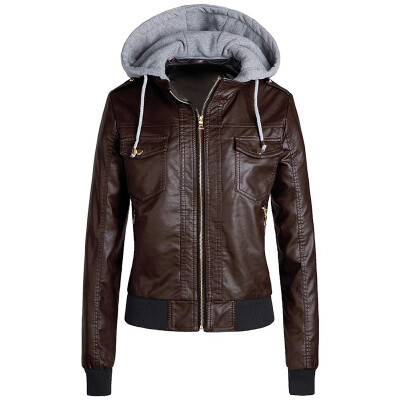 

Womens Hooded Jacket Slim Parka Coat Overcoat Trench Winter Outwear Faux Leather