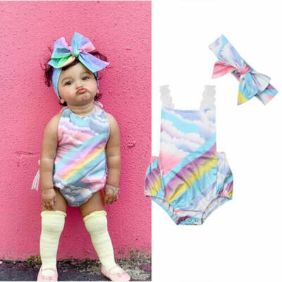 

CA Newborns Baby Girl Kids Lace Rainbow Romper Bodysuit Summer Clothes Set 0-24M
