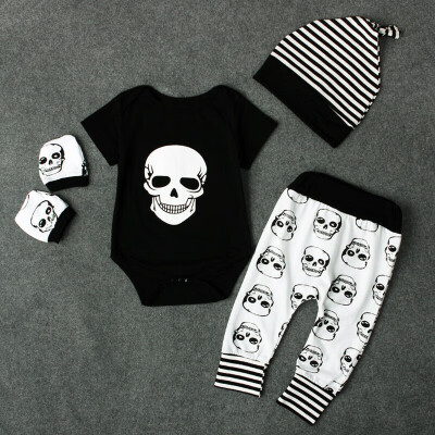 

4PCS Newborn Infant Baby Boy Bodysuit RomperLong Pants Skull Print Outfits Set