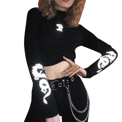 

2019 New O-neck Short Reflective Printing Long Sleeves Exposed Navel T-shirt High Collar Tops White