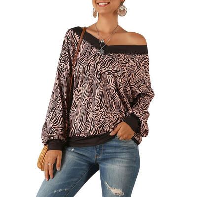 

Women Long Sleeve T-shirt Casual Sexy Skew Collar Print Loose Basic Tops