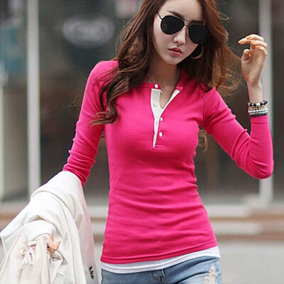 

Korean Women Long Sleeve Button Cotton T-Shirts Casual Slim Tops