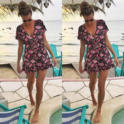 

Women Summer Floral Short Sleeve Evening Party Beach Dress Short Mini Dress