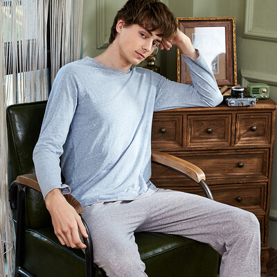 

Haizhining pajamas mens spring&autumn youth long-sleeved trousers home service suit round neck cotton mens loose leisure out can wear spring&summer new products H91CWJT010 blue