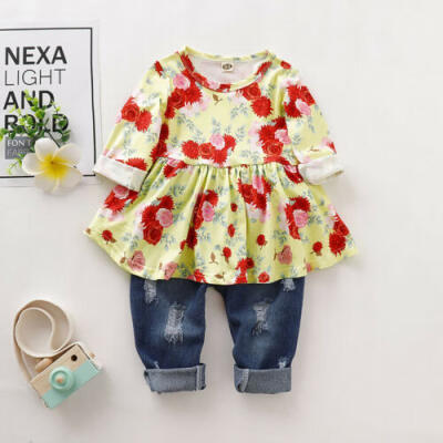 

UK Toddler Baby Girl Clothes Floral Long Sleeve Tops DressJeans 2PCS Outfit Set