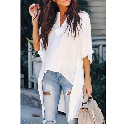 

Womens V-Neck Half Batwing Sleeve Loose Irregular Blouse