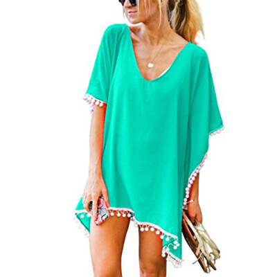 

Roseonmyhand Womens Pom Pom Trim Kaftan Chiffon Swimwear Beach Loose Bikini Cover Up