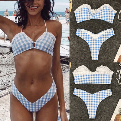 

Roseonmyhand Women Sexy Swimwear Lattice Bikini Set Plaid Printing Lace Side Beachwear