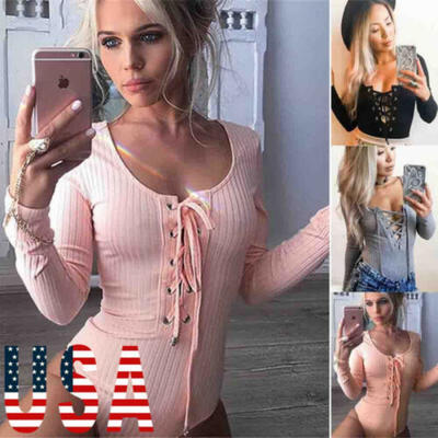 

Women Long Sleeve Solid Bodysuit Leotard Top Blouse T-shirt Jumpsuit