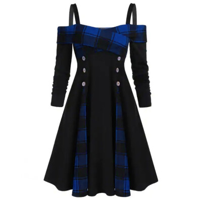 

Tailored Fashion Womne Plus Size Open Shoulder Plaid Panel Buttons A Line Dress