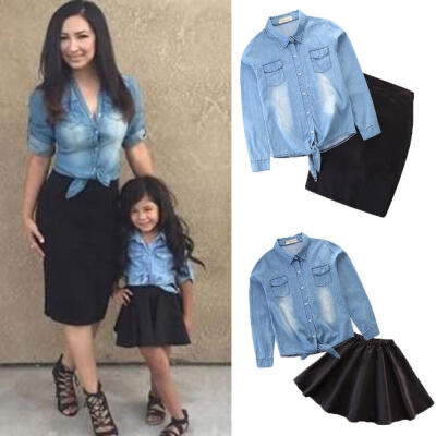 

Women Girl Kid Long Sleeve Denim Blouse Top CoatHigh Waist Pencil Skirt Matching Dresses