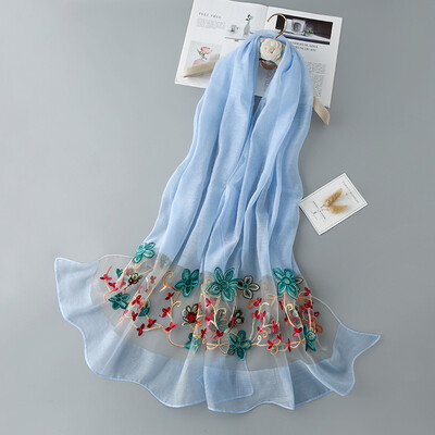 

New solid color oleander hook flower flat embroidered silk scarf four seasons wild sun shawl national wind scarf scarves wholesale
