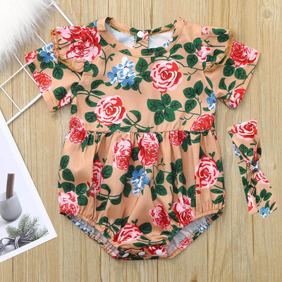 

Infant Baby Boys Girls Floral Print Jumpsuit RomperHeadband Clothes Outfits