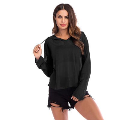 

Solid Color Ice Silk Knitting Hooded Tops Women Long Sleeve Thin Hoodie
