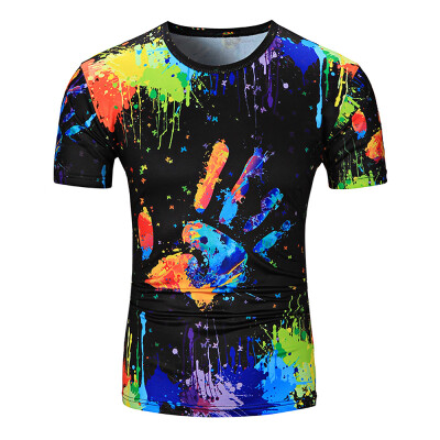 

Crew Neck Colorful Splatter Paint Handprint Print T-Shirt