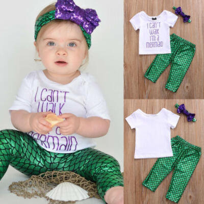 

3PCS Kids Baby Girl Mermaid Clothes Short Sleeve TopsPantsHeadband Outfits