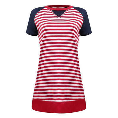 

Women Short Sleeve Basic O-Neck Stripe Long T-shirt Casual Clothes Tops