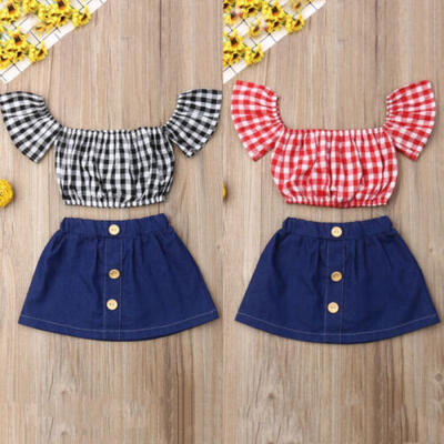 

Toddler Baby Girl Clothes Off-Shoulder Plaids TopsDress Skirt Outfits Sunsuit