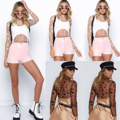 

Women Mesh Sheer Shirt Party See-through Crop Top Long Sleeve Casual Blouse Sexy