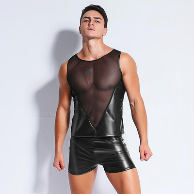 

Men Slim Fit Mesh T-shirt Tops Sleeveless Faux Leather Shirts Clubwear Sexy Vest