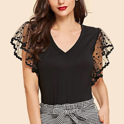 

Summer Sexy Top Women V-neck Solid Color Mesh Matching Loose Short Sleeve Casual Simple Wild T-Shirt camisetas verano mujer
