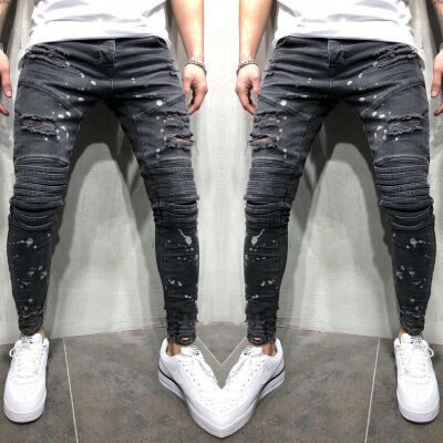 

Men Stretchy Ripped Skinny Biker Jeans Destroyed Taped Patch Denim Pants Trouser