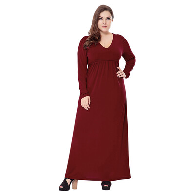 

Female Autumn Large Size Solid Color V-neck Long Sleeve Wide Hemline Dress