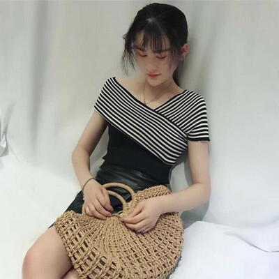 

Women Sexy Summer Harajuku Tshirt Short Sleeve Striped Print Knitted T-Shirt