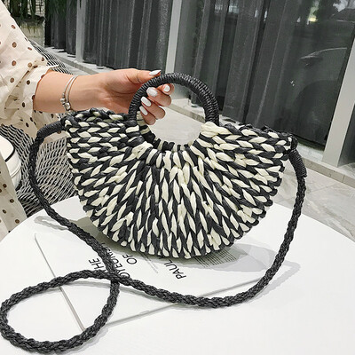 

2019 New Colorful MOON Women Summer Beach Bag FashionStraw Handbags Rattan Bag Handmade Vintage Woven Bali Handbag For Female