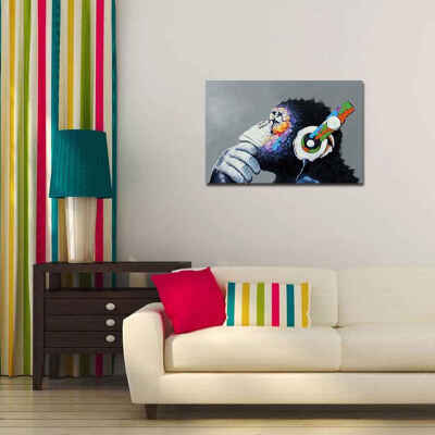 

Gorilla Monkey with Headphone Painting Colorful Animal Wall Art on Polyester Abstract Print for Home Decor