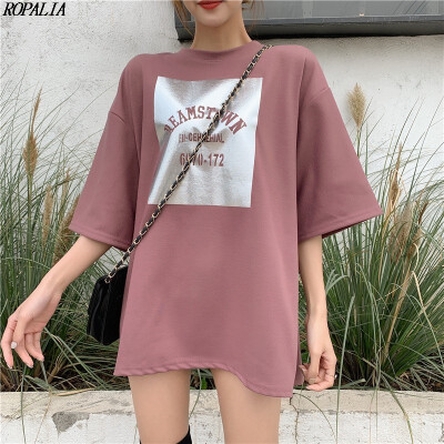 

Womens Reflective Fabric Letter Print Half Sleeve T-Shirt Korean Style O-Neck Pullover Loose Casual T-Shirts