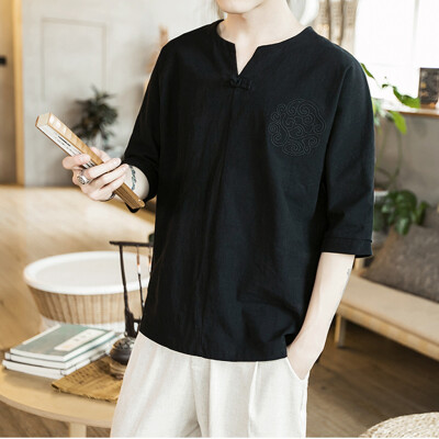 

Toponeto Mens Vintage Baggy Cotton Linen Solid Half Sleeve Retro T Shirts Tops Blouse