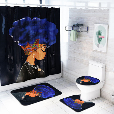 

Gobestart African Explosion Head Woman Waterproof Shower Curtain Bathroom Mat Four-piece