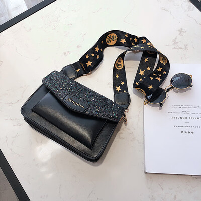 

Advanced sense bag foreign air bag 2019 new summer fashion sequin shoulder bag wide shoulder strap diagonal cross small square bag