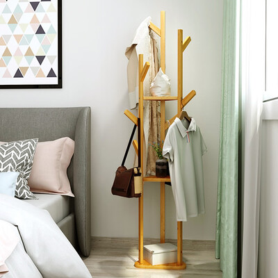 

Gobestart Bamboo Clothes Laundry Coat Rack Tree Stand Coat Hanger 8 Hooks 3-layer Shelf