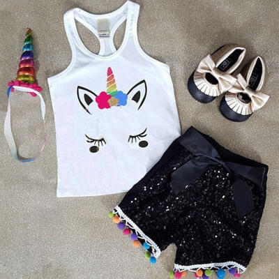 

Newborn Baby Girl Animal Unicorn Vest Tops Bowknot Sequins Pants Summer Outfits