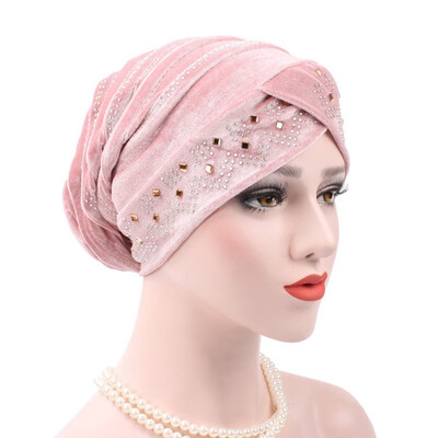 

Woman Muslim Velvet Rhinestone Turban Hijab Cap Soft Baggy Beanie Cap Chemo Hat For Women Ladies Hair Accessories Special