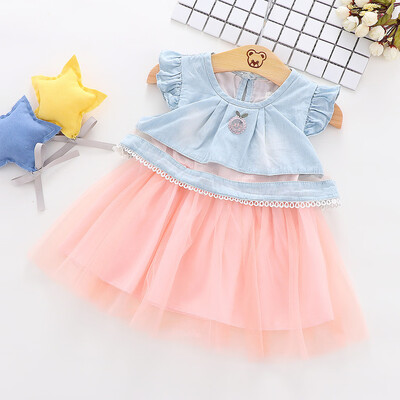 

Infant Baby Girl Fruits Embroidery Tulle Dress Splice Denim Lace Princess Dress