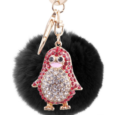 

Rex rabbit fur ball keychain rhinestones small penguin handbags pendant fashion personality key chain